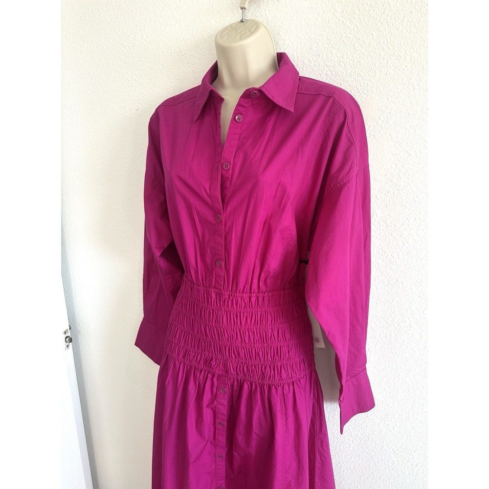 Apiece Apart Smocked Shirt Dress NWT Sz S Fuchsia Midi Cotton Poplin Collared - Picture 9 of 10